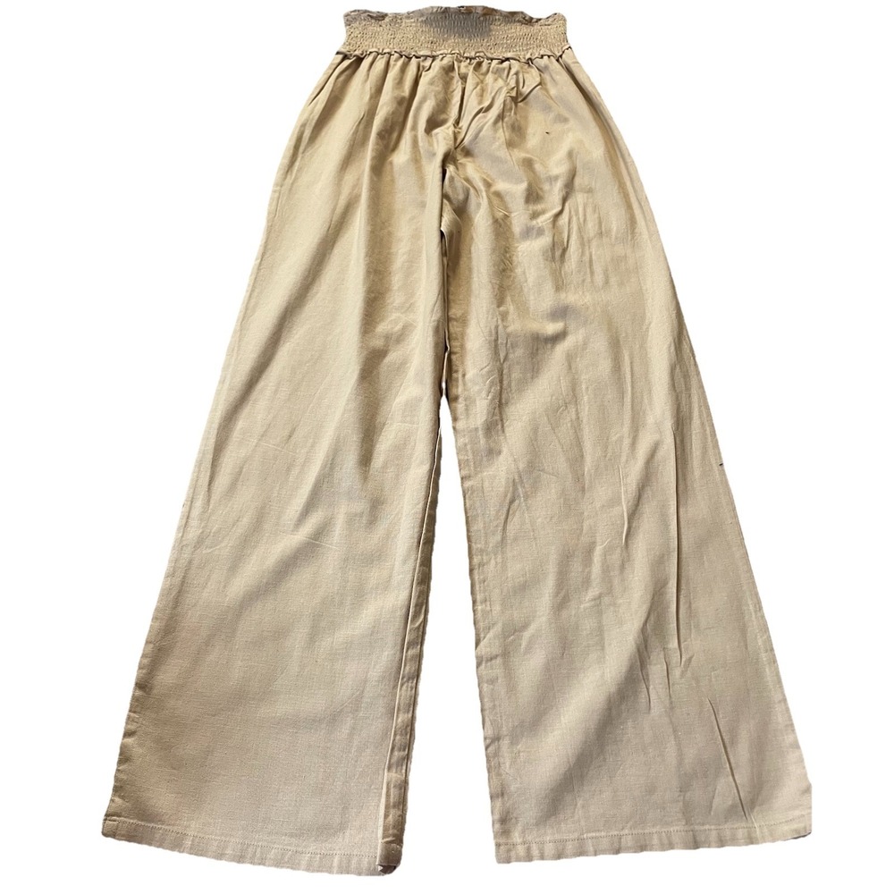 Y2K Derek Heart Wide Leg Pants Juniors M Button Accent Smocked Waist Beige - Picture 2 of 9